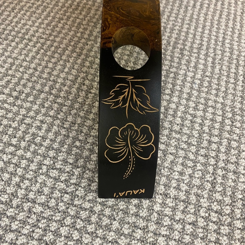 Carved Wooden Wine Bottle Holder with Floral Inlay from Hawaii - Picture 2 of 4